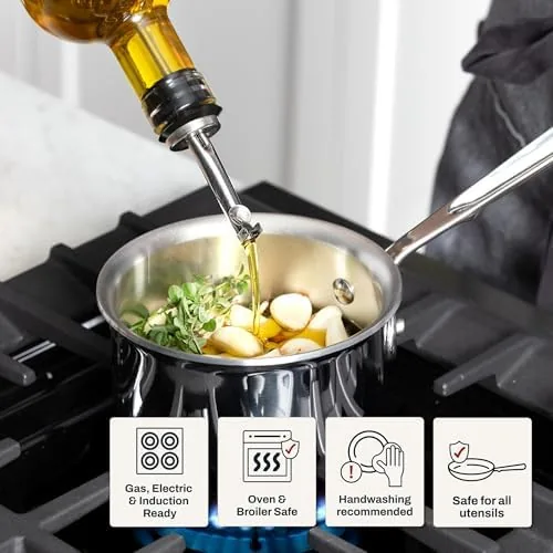 All-Clad butter warmer next to a thin cheap mini saucepan