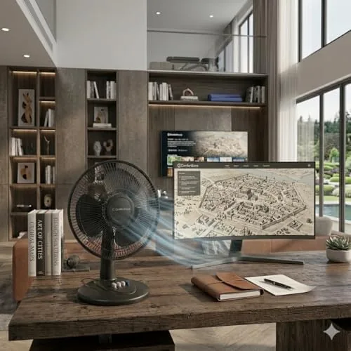 Three desk fans compared on a table for airflow and noise