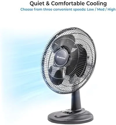 Comfort Zone table fan tucked onto a dorm shelf with books