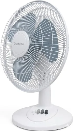 Comfort Zone table fan set up and running on a home office desk