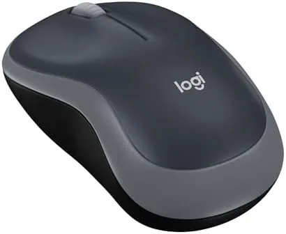 Logitech M185 wireless mouse in Swift Grey resting on a plain desk