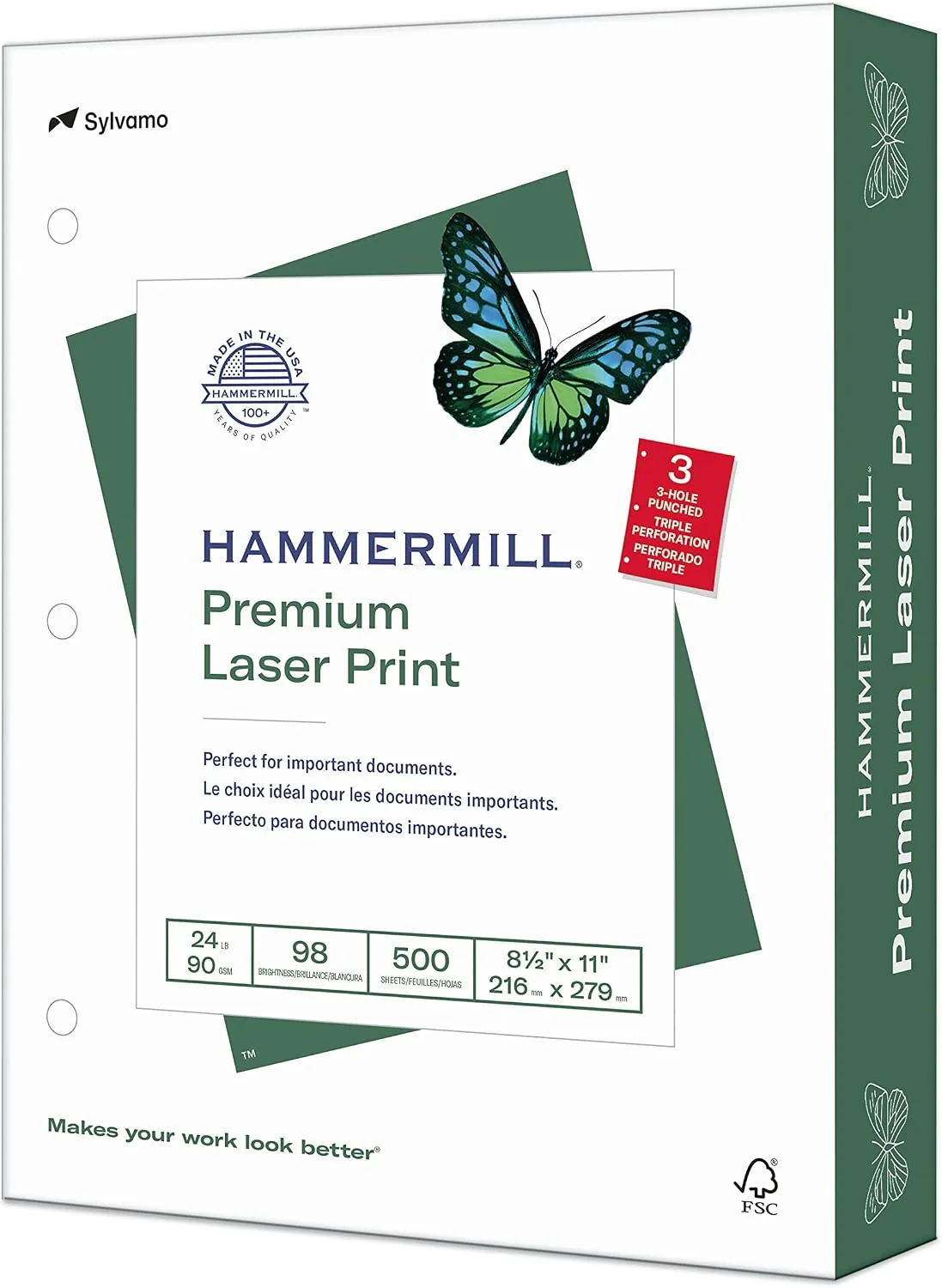 A ream of Hammermill Premium 24 lb laser paper on a desk