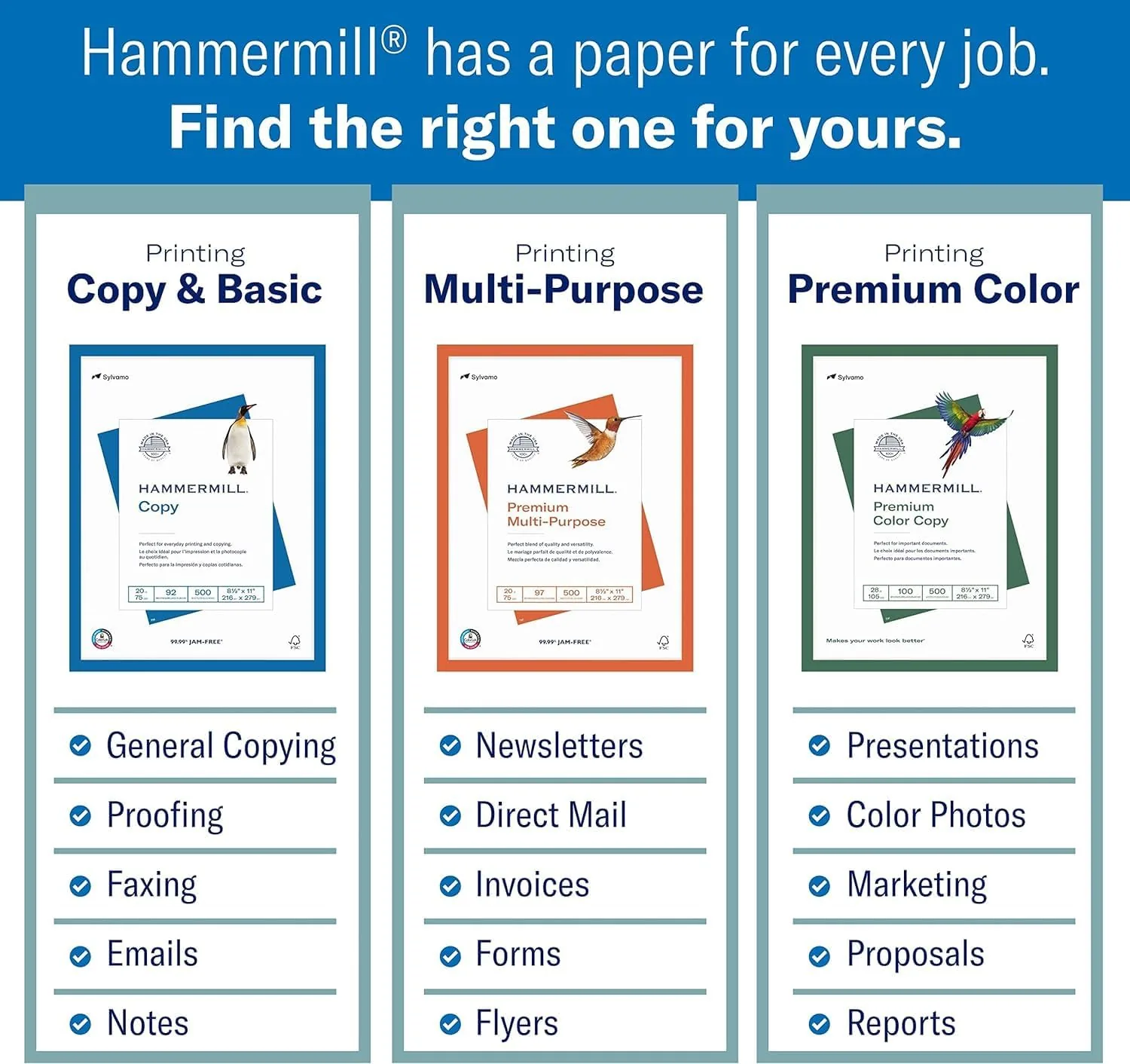 A printed document with charts showing vivid color on Hammermill paper