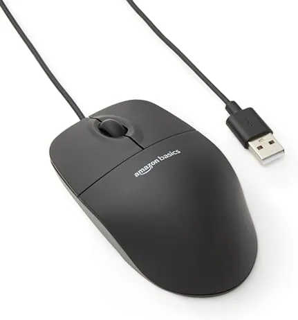 The Amazon Basics 3-Button USB Wired Mouse in matte black on a desk