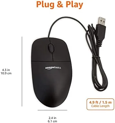 The Amazon Basics mouse resting in front of a keyboard on an office desk
