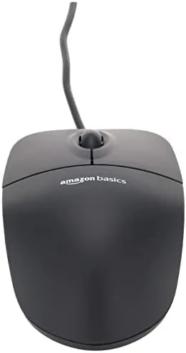 Unboxing the Amazon Basics mouse with the USB cable laid out beside it