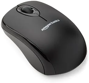 The Amazon Basics 2.4 GHz wireless mouse in black next to its tiny USB receiver