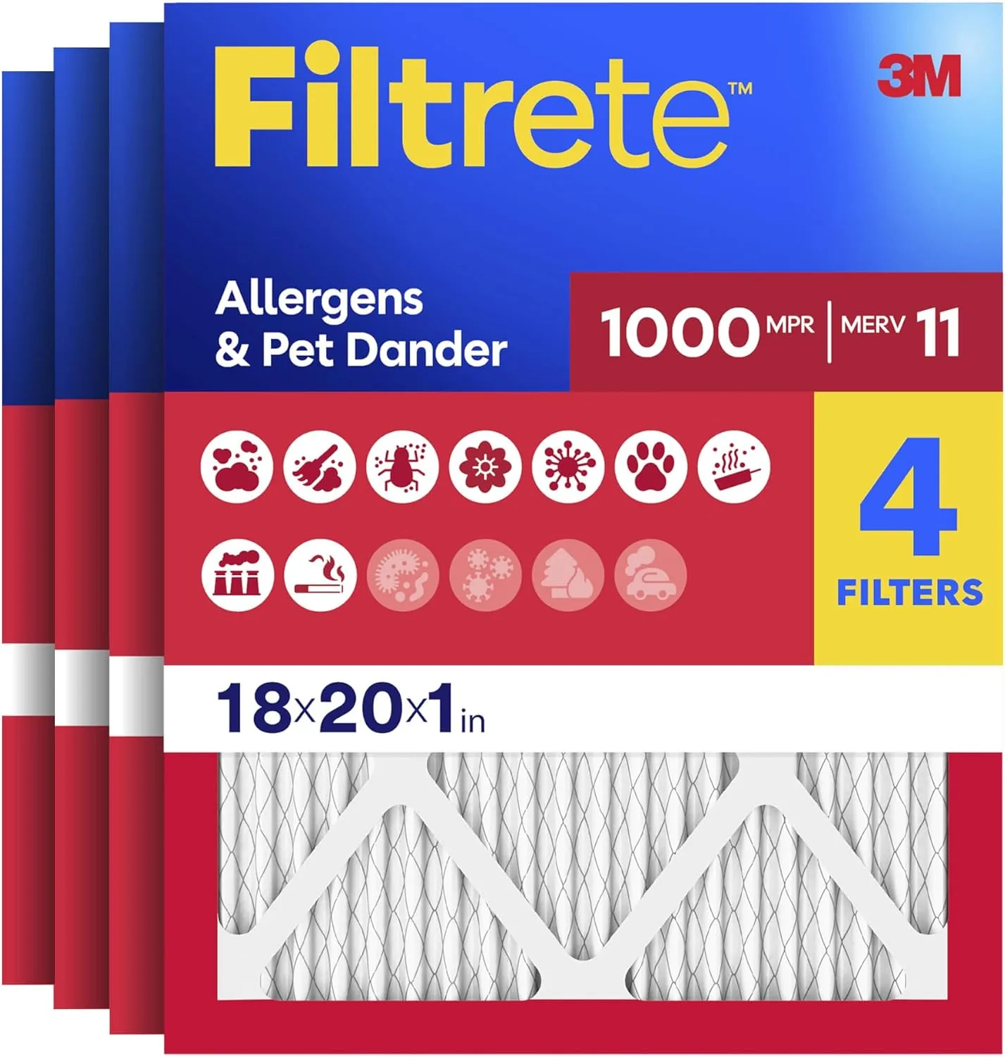 The Filtrete 18x20x1 four pack of furnace filters stacked together