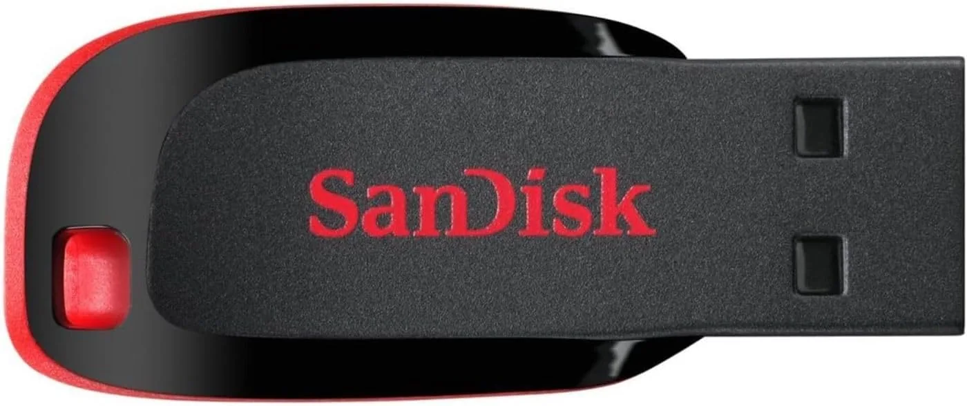 The SanDisk 32GB Cruzer Blade flash drive in hand