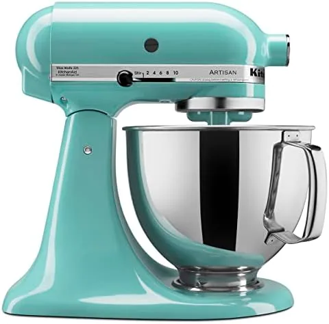 The KitchenAid Artisan mixer in Aqua Sky on a kitchen counter with the bowl in place