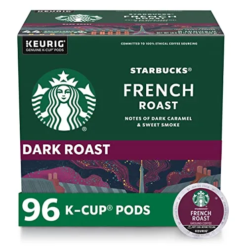 A tall stack of Starbucks French Roast K-Cup boxes on a kitchen shelf
