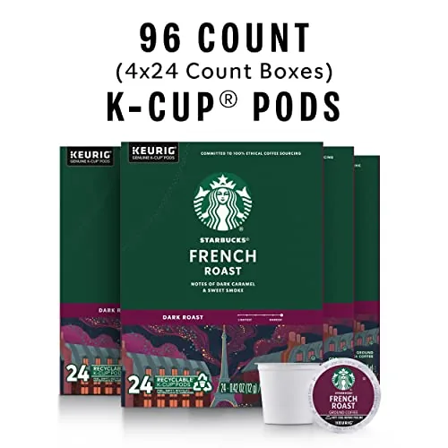 A single Starbucks French Roast K-Cup held up with the gold foil visible