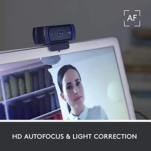 A video call in progress using the Logitech C920 on a laptop