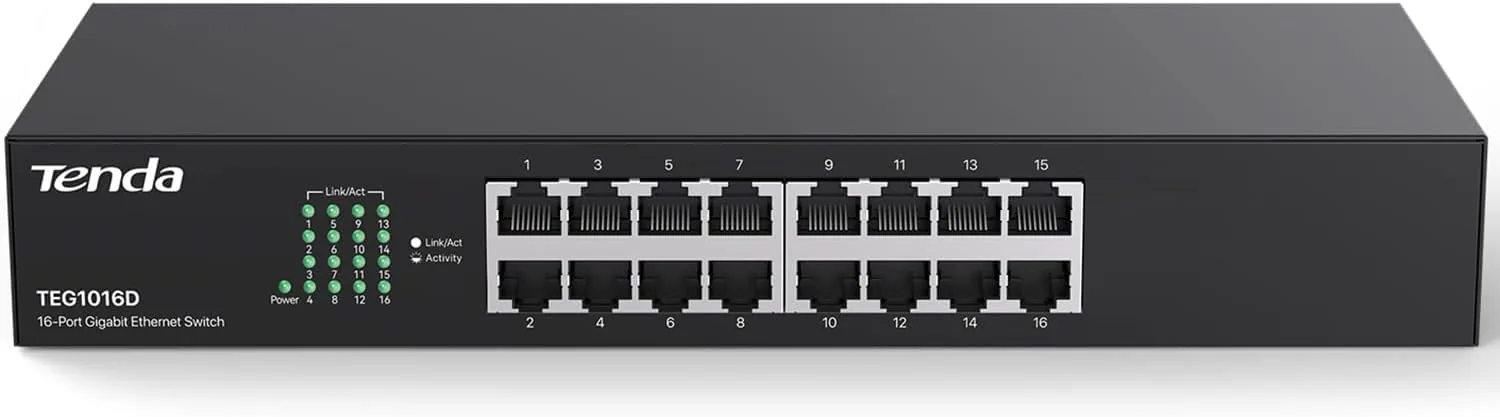 The Tenda TEG1016D 16 port gigabit switch on a desk