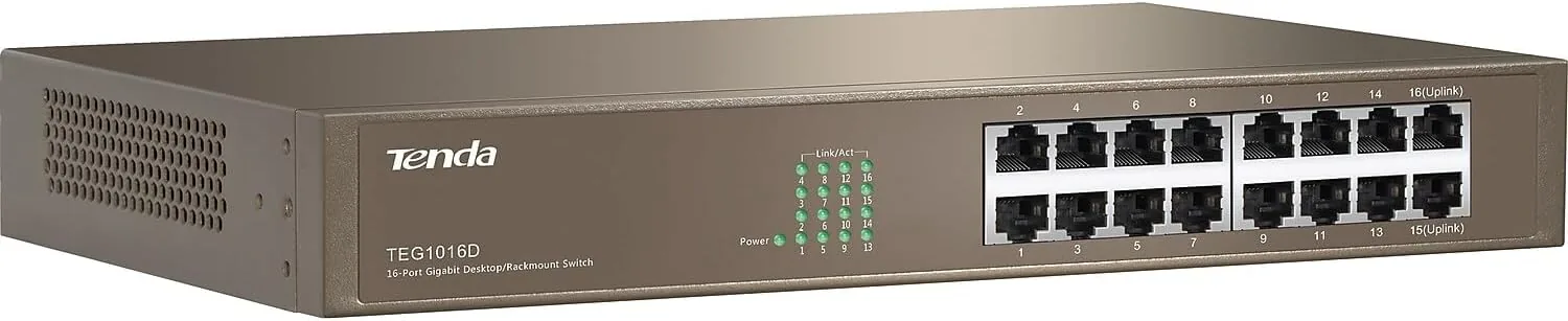 The switch mounted on a rack with cables running to connected devices