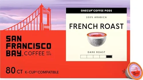 An 80 count box of San Francisco Bay French Roast coffee pods on a kitchen counter