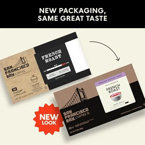 A single San Francisco Bay French Roast pod held up next to the box