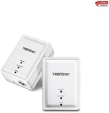 A powerline adapter plugged into a wall outlet next to a router