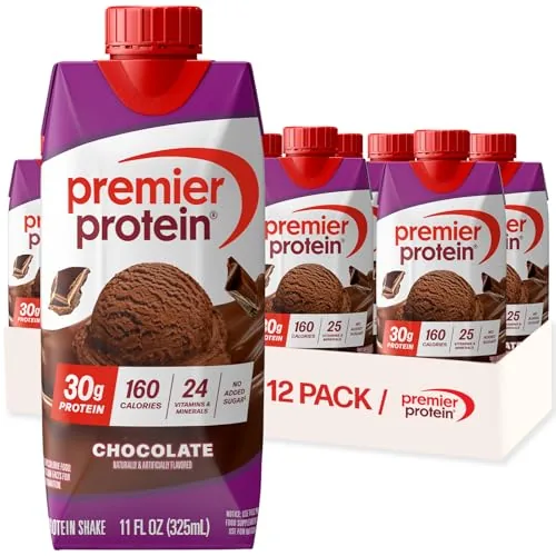 A 12 pack box of Premier Protein chocolate shakes on a kitchen counter