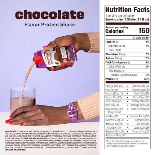 A close up of a Premier Protein chocolate shake bottle showing the nutrition label