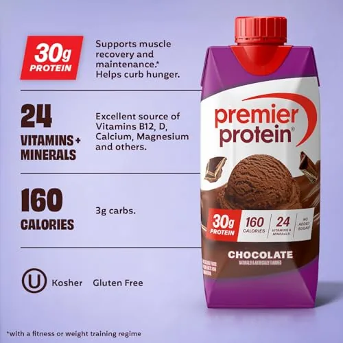 A Premier Protein shake being poured into a glass with a spoon nearby