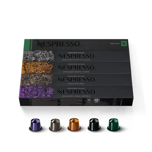The Nespresso Original 50 count variety pack box with capsules arranged in front
