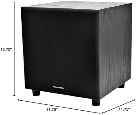 The subwoofer on a desk next to a computer and studio monitors