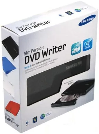 The Samsung drive with the disc tray pulled out holding a DVD to be read