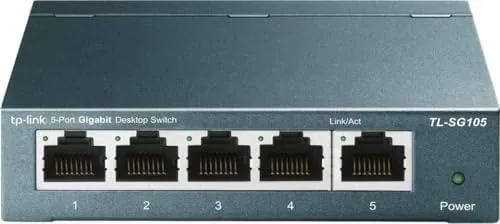 The TP-Link TL-SG105 metal switch with five ethernet ports and status LEDs