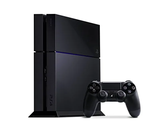 The original PlayStation 4 console lying on its side with the glowing blue light