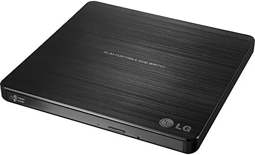 The slim LG GP60NB50 external DVD drive closed on a desk beside a laptop