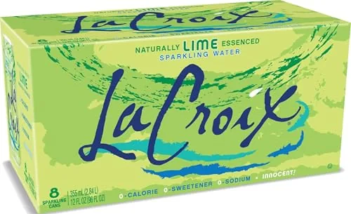A pack of eight cans of La Croix lime sparkling water on a counter