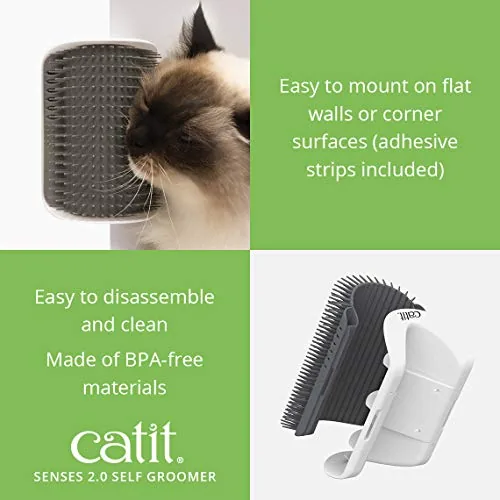 A cat pressing its back against the mounted self groomer in a hallway