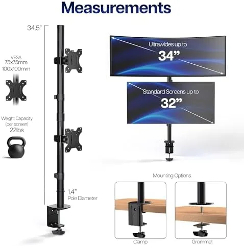 Another view of the VIVO Dual Vertically Stacked Monitor Desk Mount, Extra Tall Adjustable