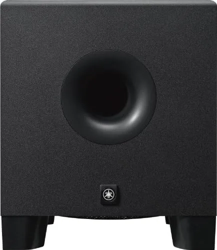 The Yamaha HS8 subwoofer in a black finished cabinet on a studio floor