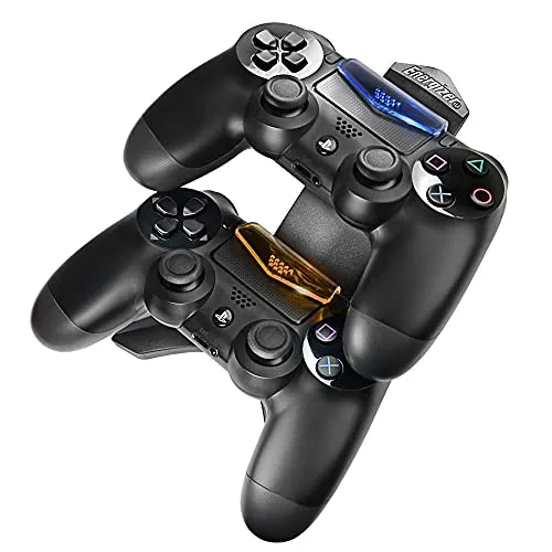 A close view of a PS5 DualSense controller resting face down in the charging cradle