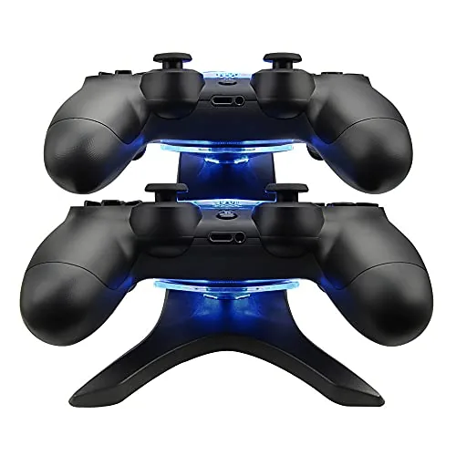 Two PlayStation controllers charging side by side on the Energizer dock
