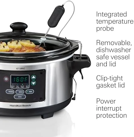Temperature probe inserted into a roast inside the Set & Forget slow cooker