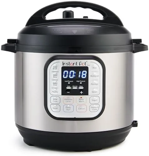 Instant Pot Duo 7-in-1 stainless steel pressure cooker on a kitchen counter