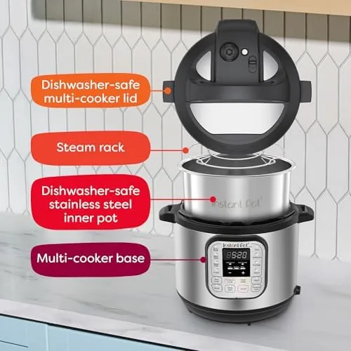 Week of prepared meals arranged beside the Instant Pot