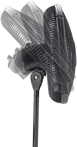 The fan in a workshop with the head aimed at a workbench