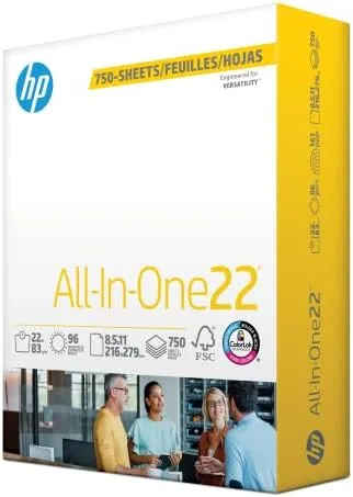 A sealed HP mega ream box with 750 sheets of 8.5 x 11 paper on a desk