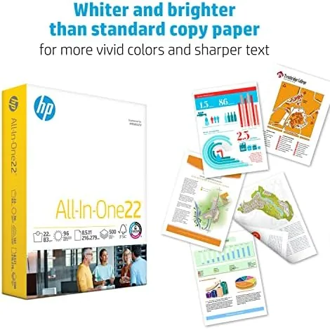 A sheet of HP 22 lb paper coming out of a laser printer tray
