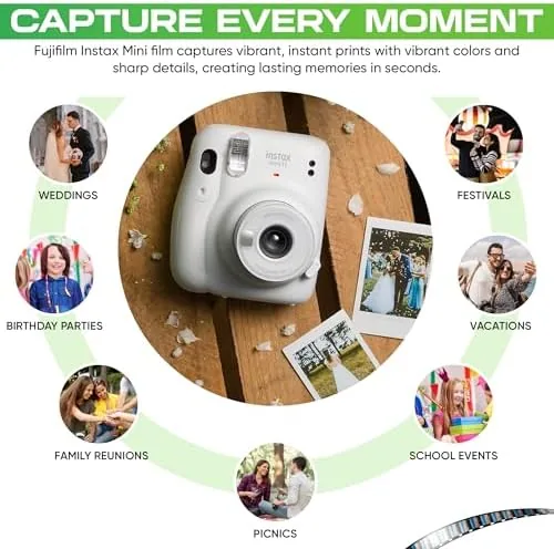 A hand holding a developing Instax Mini photo as the image appears