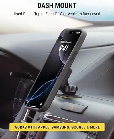 Three phone mounts side by side: magnetic dashboard, vent clip, and suction cradle