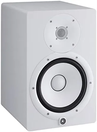 A pair of white Yamaha HS8 monitors on stands in a home studio