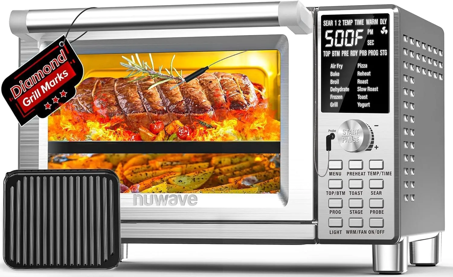 The stainless steel Nuwave Bravo XL on a countertop with its control panel lit
