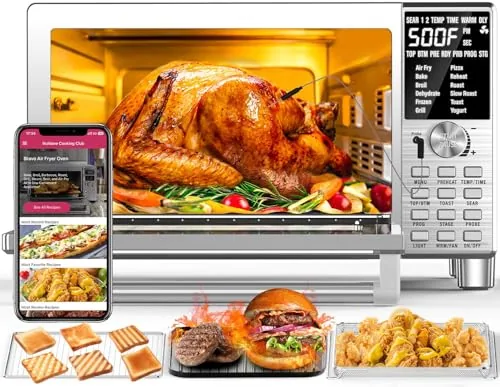The Nuwave Bravo XL on a countertop with the door open showing the interior