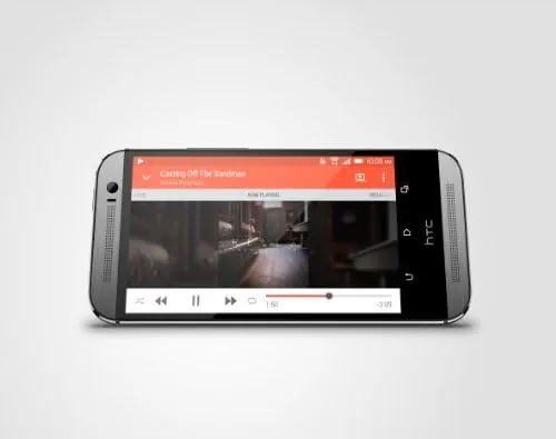 Front of the One M8 showing the Boomsound speaker grilles and display