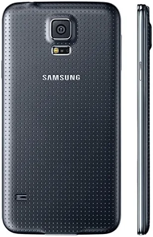 Back of the black Galaxy S5 with camera, flash, and heart rate sensor